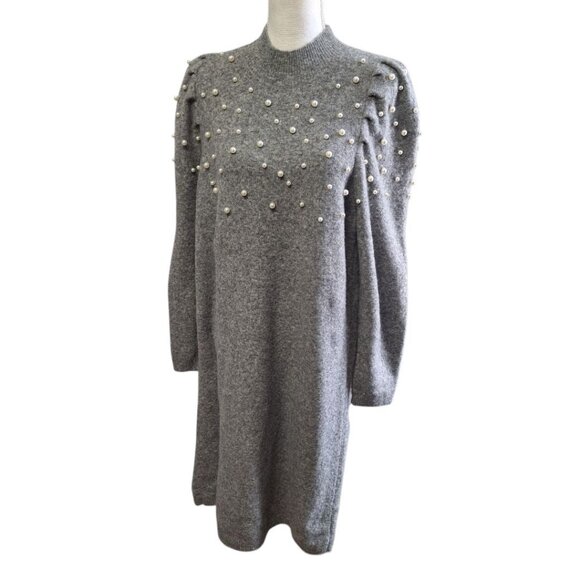 Ann Taylor Pearlized Sweater Dress Gray Long Sleeve High Neck Womens Large - Picture 1 of 10